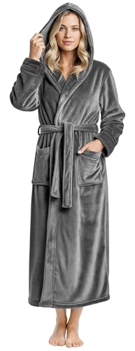 NY Threads Premium Womens Robe with Hood, Plush Fleece Long Bath Robe for Women, Fluffy Soft Women's Bathrobe, Medium, Steel Grey
