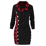 Generic Damen Pullover Hoodie Rollkragen Karierte Langarmshirt Kapuzenpullover Herbst Winter Frauen Beiläufige Unregelmäßige Lange Karo Pulli Tunika Oberteil, Z1-schwarz, S