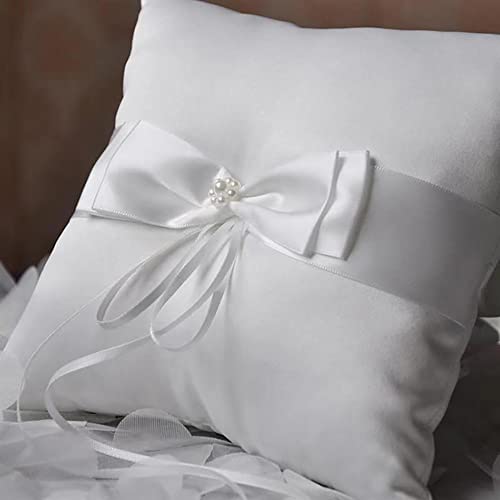 HBYMYDA Ringkissen Hochzeit, Ehering Kissen mit Simulation Perle, Weiß Ring Bearer Kissen mit Schöne Bowknot, Hochzeit Ringkissen für Verlobung Oder Eheringe Vintage, 10 x10 cm