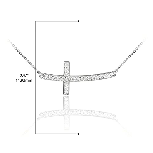 14K White Gold Curved Pendant Stone Studded Sideways Cross Necklace - 16 Inches #TOP2
