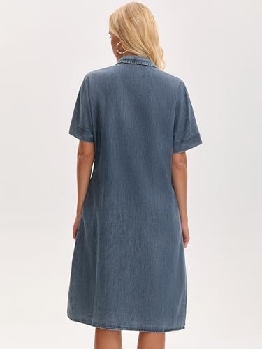 Image of Women's Midi Denim Dress Summer Short Sleeve Button Down Casual Loose Long Tunic Jean Shirt Dress