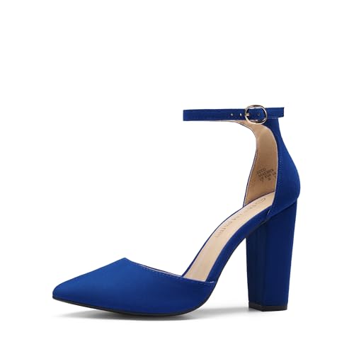 DREAM PAIRS Women's Coco High Heels Chunky Block Pumps Pointed Closed Toe Ankle Strap Dress Shoes,Size 7,Royal/Blue,Coco