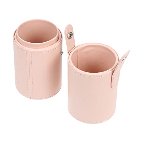FOMIYES PU Leather Makeup Brush Holder with Lid - Portable Travel Cosmetic Brush Bucket (Apricot), 18x7cm