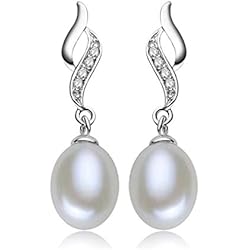 Pendientes Largos Plata Circonitas YAXUN Pendientes perlas mujer plata de ley 925 de cristal de circonita pendientes largos con colgantes en 9mm perla natural de agua dulce joyería de moda regalos para mujeres y niñas