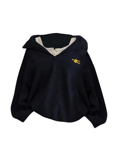 GORGLITTER Women's Embroidered Baggy Sweatshirts Quarter Zip Long Sleeve Fleece Pullover Top Blue Medium