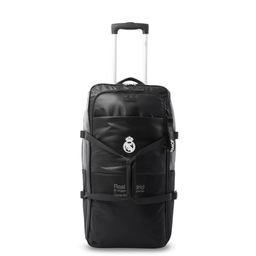 TOTTO - Maleta de Viaje Mediana Oficial del Real Madrid, Maleta Expandible con Ruedas, Compartimento para Portátil 16", Manija Lateral, Diseño Deportivo y Funcional, Argollas para Candado, Color Negro
