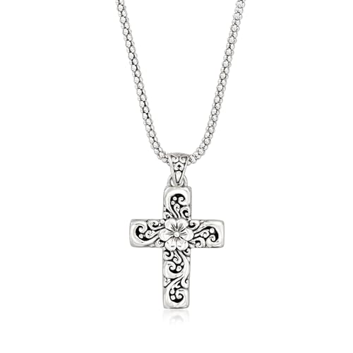 Ross-Simons Sterling Silver Bali-Style Floral Cross Pendant Necklace. 18 inches