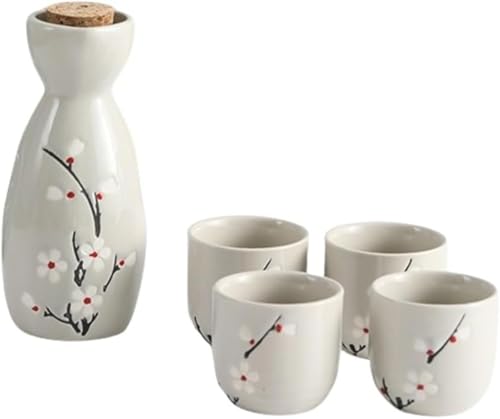 AOBOPO ミニ陶器酒器セット 和風花見デザイン 徳利 ×1 + ぐい呑 ×4 冷酒杯・清酒用 日本酒ボトル・酒盃・おちょこ兼用 陶器質感 ミニサイズ旅行・キャンプ携帯易 おしゃれ居酒屋風 宴会・晩酌・花見に最適 退職祝い・誕生日 プレゼントに推奨 家庭