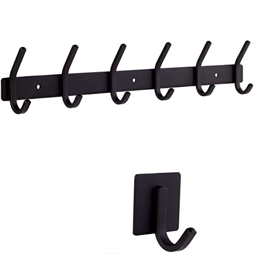 Smartpeas Hakenleiste Wand-Garderobe Kleiderhaken Garderobenleiste - Schwarz - Rostfreier Gebürsteter Edelstahl - 6 Feste Haken Halten Bis 30K - Plus: 1 Selbstklebender Haken Cover