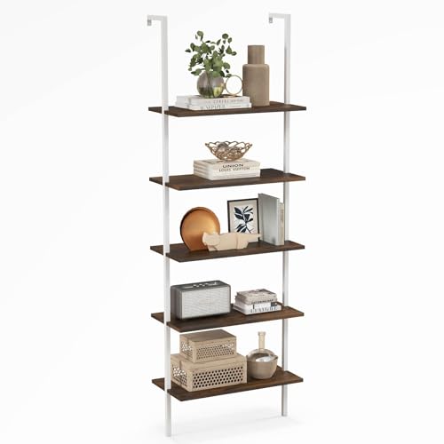 Costway 5-Tier Ladder Shelf, Wall Mounted Tall Storage Rack, Modern Open Display Shelf with Stable Steel Frame, Space-Saving Vertical Hanging Bookshelf, Plant Flower Stand (Nature)