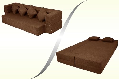 Image of Rosebell Flipper 3 Seater | 70 X 46 X 9 | Foldable Sofa Cum Bed with Washable Fabric Four Cushions for Living Room - Brown