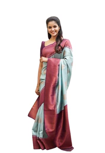 ZECVA Women's kanchipuram Kanjivaram Lichi Traditional Silk Saree With Attach Unstitched Blouse Piece (Sky Blue)