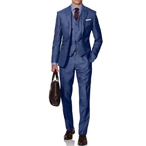 Image of Mens Suit Solid Two Button Slim Fit Suit Set for Wedding Formal Business Suit Men 3 Piece Suit Blazer Vest Pants Set