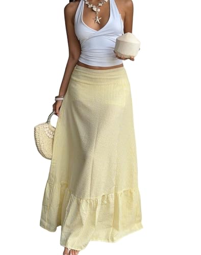 YEMOCILE Women's Striped Ruffle Hem Maxi Skirt Summer A Line Flowy Beach Long Skirts Going Out Outfits
