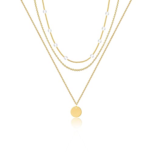 Viromy Dainty Gold Layering Necklace Set For Women 14K Gold Plated Pearl Choker Simple Triple Three Layered Cable Chain Necklaces Disc Pendant Necklace Everyday Multi Strand Dainty Jewelry Gift #TOP3