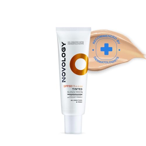 Novolog'y Spf50 Pa++++ Tinted Sunscreen|Non Greasy Broad Spectrum Protection & Fades Dark Spots|Blends Evenly For A Natural Finish|50 G|For All Skin Types