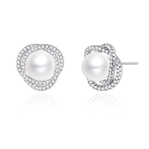 Silver Pearl Stud Earrings, 10MM Pearl with Cubic Zirconia Halo, Hypoallergenic 925 Sterling Silver Post