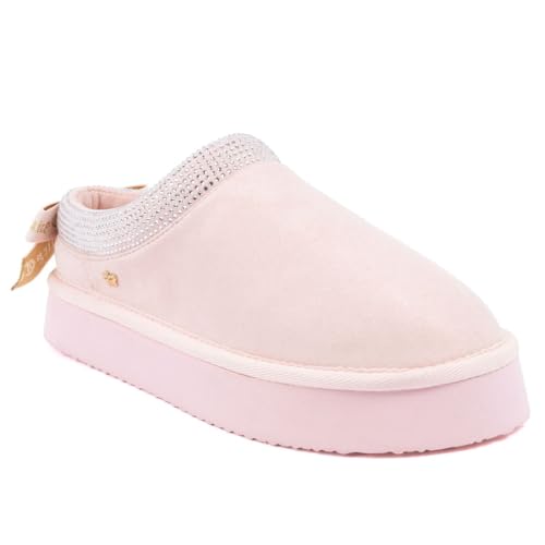 Juicy Couture Womens Winter Slipper Mule Soft Micro Suede House Shoe with Faux Fur Lining and Logo Charm Detail-Olyana 2-Blush Clear-10