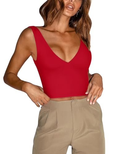 REORIA Women's Deep V Neck Double Lined Crop Going Out Tank Top Red XL