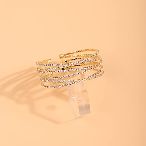 Yertter Multi Row Layered Crystal Glitter Bracelets Cuff Bracelet Stretch Tennis Chain Rhinestone Adjustable Band Cuff Elastic Bangle 1920S Bridal Body Jewelry Accessories For Women And Girls Wedding (Cuff-3 Row Cross Gold) #TOP5