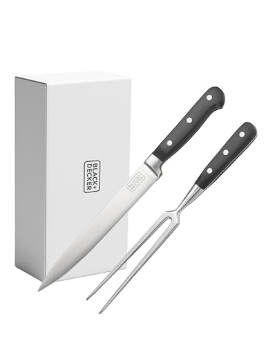 BLACK+DECKER 2-Piece Stainless Steel Carving Knife Set, 8” Carving Knife & 7” Fork, Kitchen Knife with 3CR13 Stainless Steel Blade, Meat Knife with Black ABS Handles, Magnetic Gift Box for Storage