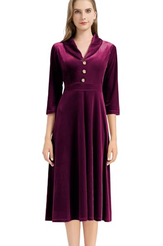 AXOE Damen Samt Kleid Elegant Festlich Vintage Midi Lang 3/4 Arm Winterkleidug für Hochzeitsgäst Weinrotes Gr.40 L