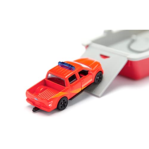 siku 2117, Feuerwehr Arbeitsboot, 1:50, Metall/Kunststoff, Rot/Gelb, Inkl. Ford F150 Pick-Up und Stickerbogen – Bild 5