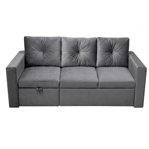 Image of FURNY Tira 4 Seater LHS Lounger Sofa Cum Bed (Dark Gray) with Pull-Out Function | Luxury Velvet Suede Finish | Durable Comfort | Ideal for Living Room