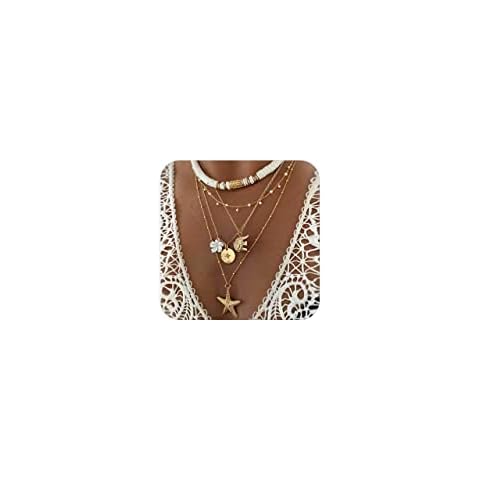 HUASAI Seashell Necklace Beach Jewelry for Women Starfish Shell Necklace Layered Boho Dainty Gold Necklace Summer Jewelry Stuff Beach Accessories Country Concert Outfits for Women Cover