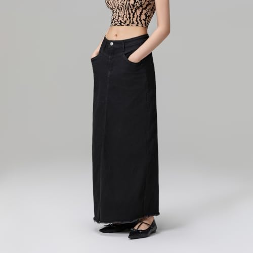 Women's Retro Denim Maxi Skirt Frayed Raw Hem Long Jean Skirt Y2K Fashion A-Line Maxi Denim Skirt with Pockets3