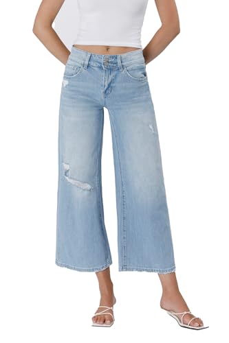 VERVET High Rise Two Buttons Crop Wide Leg Jeans T6409