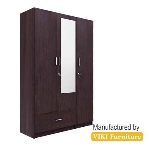Image of VIKI Wardrobe | Wooden Almirah for 3 Door Wardrobe with 1 Drawer & Hanging Space with Mirror (Dark Wenge - 40D x 120W x 180.8H) | 1 Year Warranty | Free Assembly