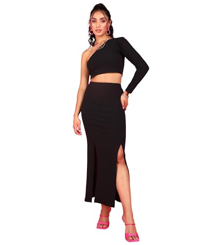 Image of POPWINGS Casual Solid Top and Skirt Co-Ord Set for Women | Stylish Western Co-Ord Set for Women | Crop Top and Long Slit Skirt Set for Women
