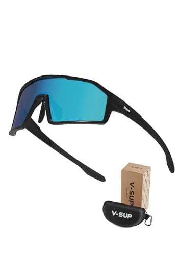 V-SUP UV400 Mens Sunglasses for Baseball, Cycling, Golf, Fishing, Pickleball, Running, Hiking, Sport Glasses for Outdoor Use, MTB–Safety Sunglasses for Men & Women (Black Frame With Blue Revo Lens)