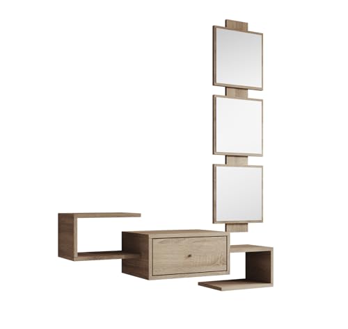 MB Muebles Bonitos, Meuble d’Entrée Mural Neo avec Miroir et Tiroir, Design Moderne Suspendu, Mélamine Mate, Couleur Sonoma, 99.5x145x29.5 cm