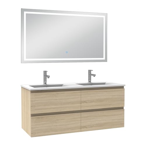 AICA Ensemble Meuble Salle de Bain 120cm Chêne Wotan Double Vasque et Miroir Lumineux 3 Couleurs et dimmable