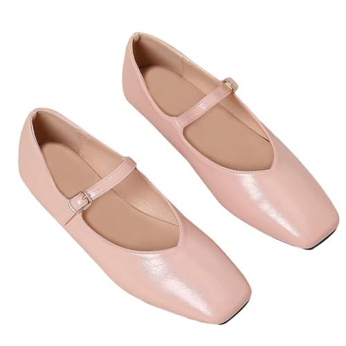 LUXINYU Women Mary Jane Elegant Dressy Square Toe Buckle Ankle Strap Microfiber Upper Solid Color Comfortable Low Heel Daily Walking Shoes Work Flats Prom Party Shoes