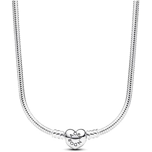 PANDORA Moments Heart Clasp Snake Chain Necklace - Sterling Silver Necklace for Women - PANDORA Moments Jewelry - Gift for Women - Includes Gift Box - 17.7“