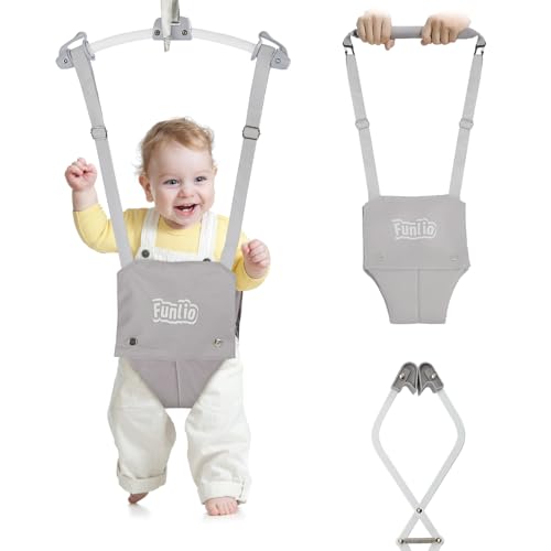 Image of FUNLIO 2 in 1 Baby Door Jumper with Door Clamp, Baby Walking Harness for 6-24 Months, Infant Jumper Doorway with Strong Spring & Adjustable Strap, Easy to Assemble & Store - Grey