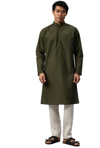 Image of Majestic Man Men's Cotton Blend Regular Fit Casual Polyester Mandarin Collar Ethnic Motifs Embroidered Long Regular Kurta