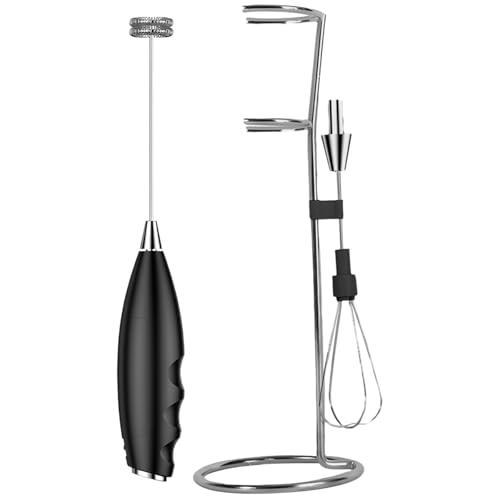 Espumador de leche eléctrico inalámbrico, batidor de huevos de mano multifuncional para café y hornear, doble cabezal con soporte, batería integrada, color negro