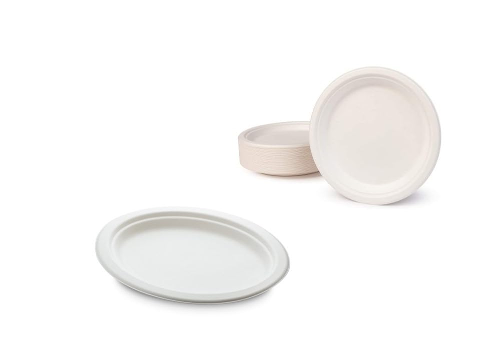 100/500 / 1000 Piatti Piani Tondi diametro 15 cm Piatto carta bianco bagassa biodegradabile rigido monouso in fibra vegetale feste piattino antipasti torta compleanni (1000)