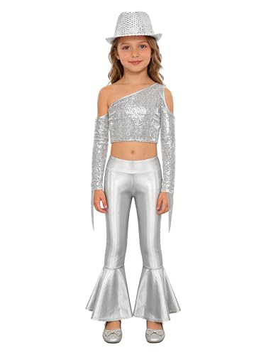 Tenues de danse avec paillettes filles ensembles de danse hip hop argentés enfants 5-6 ans