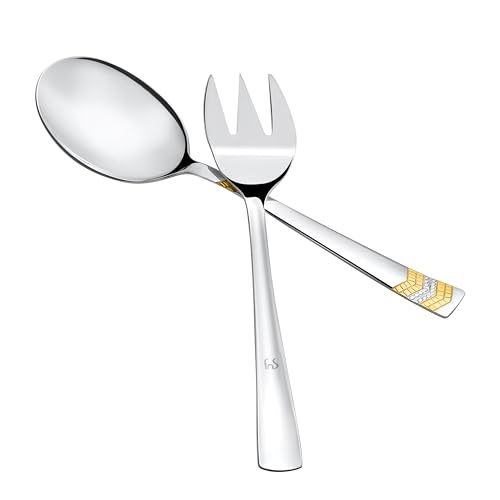 Image of FnS RAGA 24 Karat Gold Plated Stainless Steel Serving Set of 2 (1 Serving Spoon, 1 Serving Fork) for Home, Kitchen and Dinning