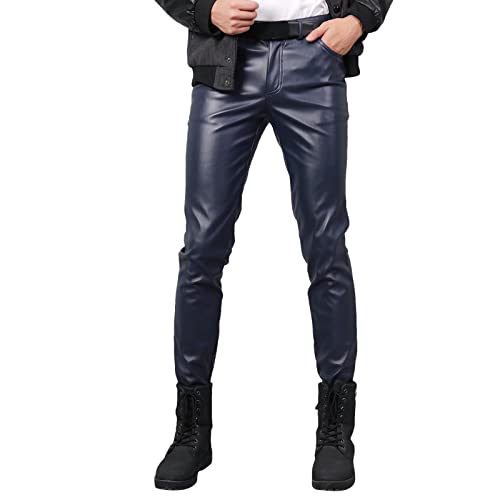 Generisch Pantalones de piel para hombre, elásticos, pantalones pitillo de piel sintética, pantalones de piel sintética, pantalones de motorista, pantalones de forro polar para otoño, invierno