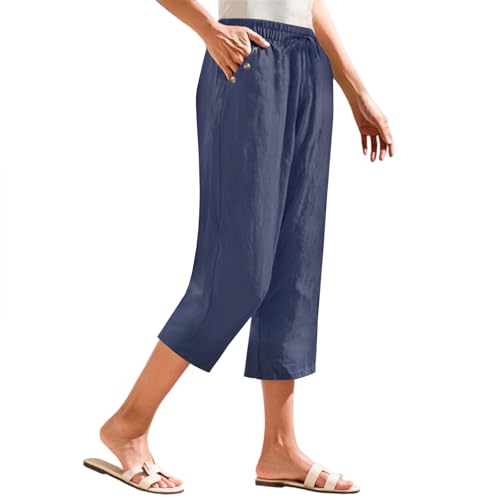Linen Capri Pants for Women Casual Summer Elastic Waist Straight Leg Crop Pants Drawstring Beach Trousers with Pockets