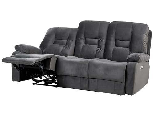 Beliani Sofá reclinable Moderno de Terciopelo eléctrico Acolchado 3 plazas Gris Oscuro Bergen
