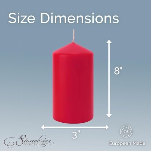Image of Stonebriar Unscented Pillar Candles - 80 Hour Burn Time, Long-Lasting Wax Candles for Weddings, Holidays, Home Decor & Special Events, Pack of 6, Red, 3 inch x 8 inch