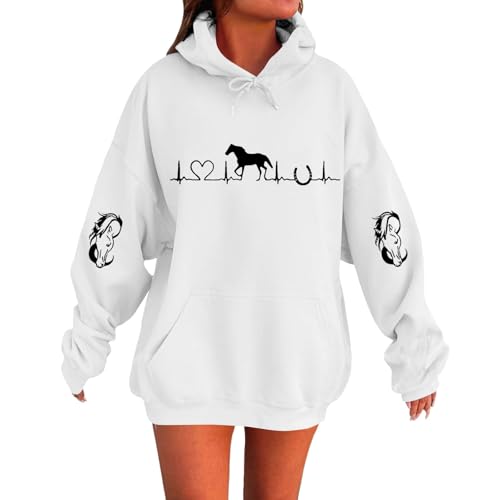 Sudadera con capucha con estampado de caballo para mujer, diseño gráfico occidental, sudadera cálida e informal para otoño, blanco, M