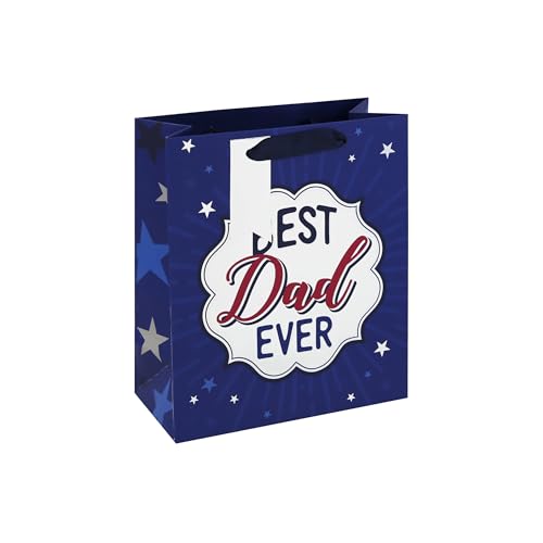 Eurowrap Medium Gift Bag with Best Dad Ever Foil Finish Blue Star Design Included Gift Tag Grosgrain Handle and Red Inside Print for Fathers Day or Dads Birthday